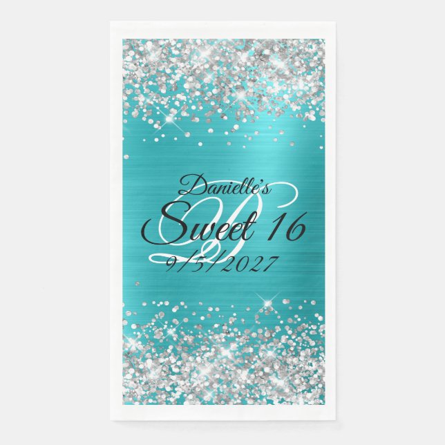 Serviette En Papier Paillettes Argentées Turquoise Bleu Clair Douce 16 (Devant)