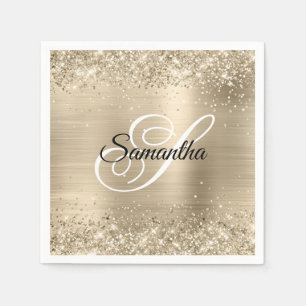 Serviette En Papier Paillettes Champagne Feuille Métal Monogramme Fant