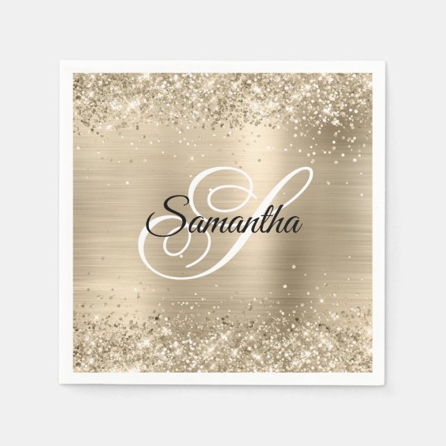 Serviette En Papier Paillettes Champagne Feuille Métal Monogramme Fant (Devant)