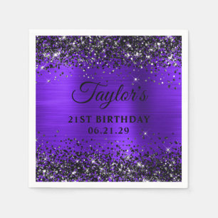 Serviette En Papier Paillettes Noires Violet Feuille 21e Anniversaire