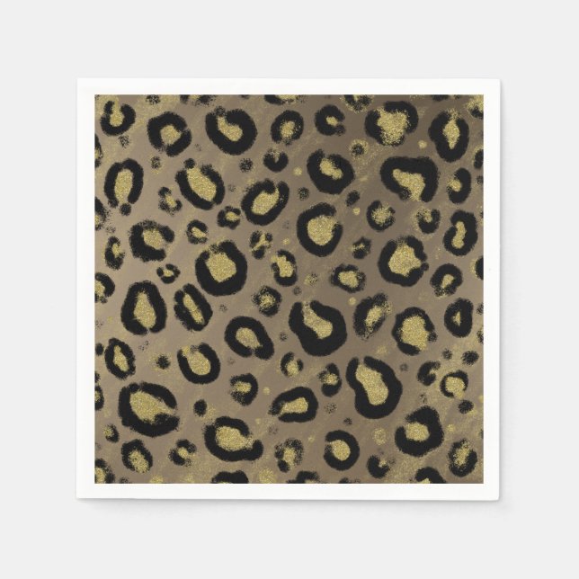 Serviette En Papier Paillettes Or Brun & Imprimé Léopard Guépard Noir (Devant)