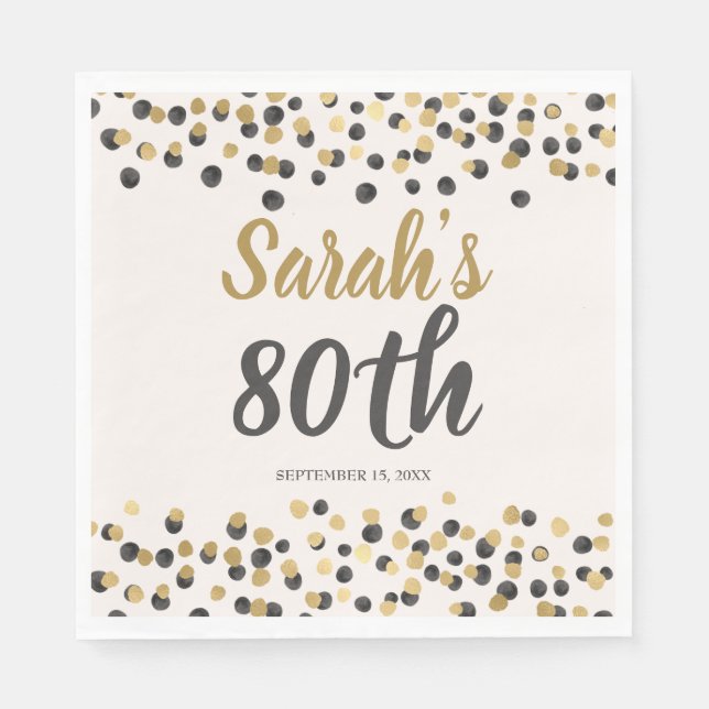 Serviette En Papier Paillettes Or Noir 80e Anniversaire  (Devant)