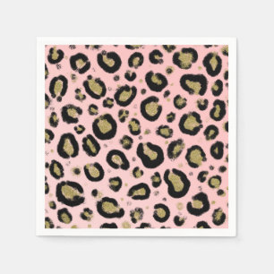 Serviette En Papier Paillettes Or Rose et Imprimé Léopard Guépard Noir