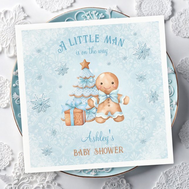 Serviette En Papier Pain d'épices Homme garçon Baby shower de Noël ble (Gingerbread Man Boy Blue Christmas Baby Shower Napkins)