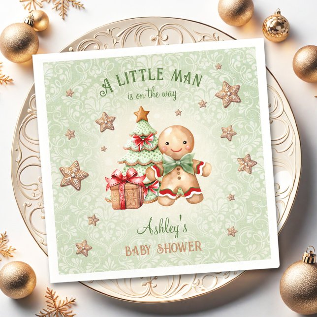 Serviette En Papier Pain d'épices Homme Vert Rouge Baby shower de Noël (Gingerbread Man Green Red Christmas Baby Shower Napkins)