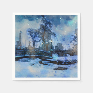 Serviette En Papier Painting of winter night in city park