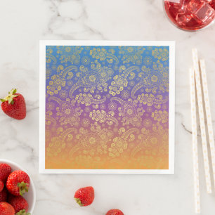 Serviette En Papier Paisley Luxe Doré sur Fond Bleu, Violet et Orange