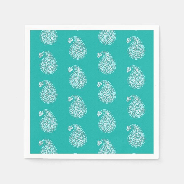 Serviette En Papier Paisley perse - blanc sur turquoise (Devant)