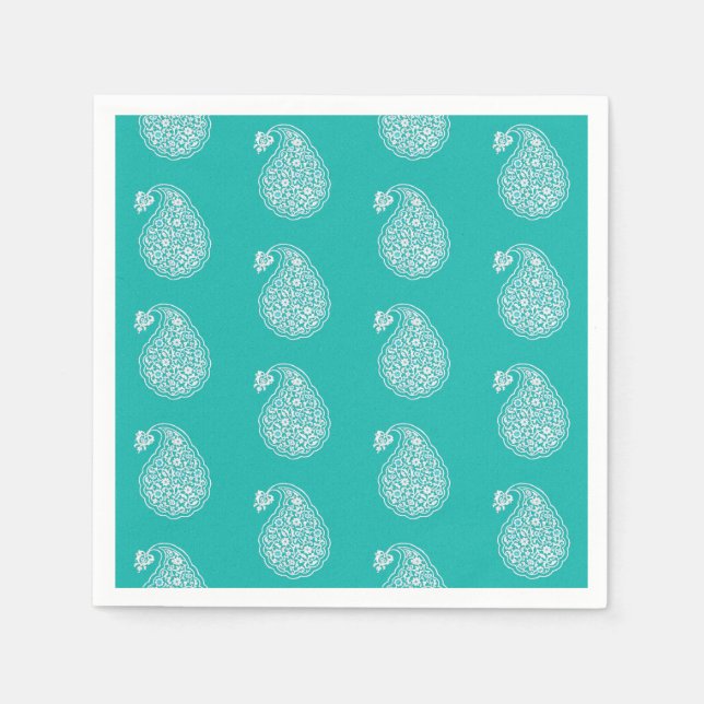 Serviette En Papier Paisley perse - blanc sur turquoise (Devant)