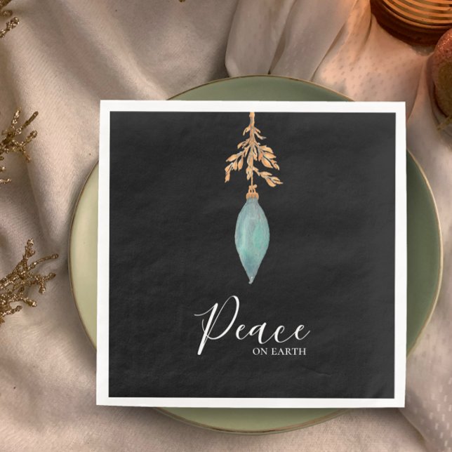 Serviette En Papier Paix sur Terre teinte turquoise peinte main (Decorate your holiday table with original art napkins modern stylish Peace on Earth turquoise golden)