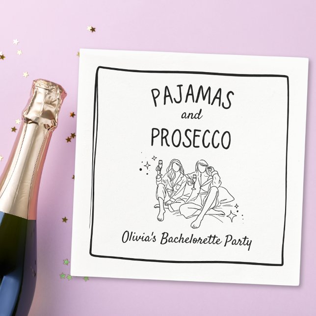 Serviette En Papier Pajamas & Procuco Fête de Bachelorette personnalis (Elevate your bachelorette soirée with our whimsical & chic 'Pajamas and Prosecco' custom napkins.)