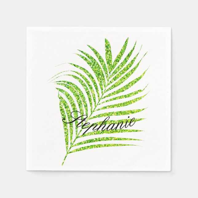 Serviette En Papier Palm Leaves Glittery Green Custom Name mignon (Devant)
