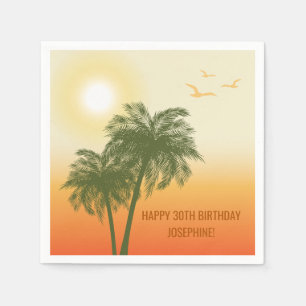 Serviette En Papier Palmier du coucher de soleil et oiseaux Anniversai