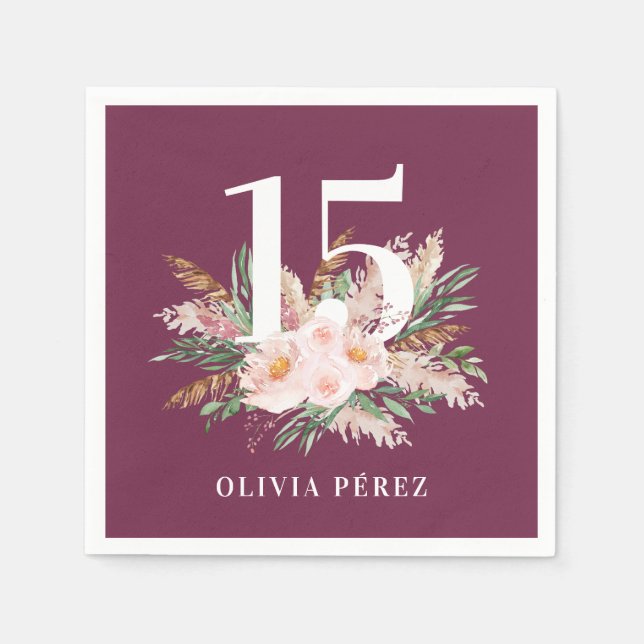 Serviette En Papier Pampas fleurie violet poupée herbe moderne anniver (Devant)