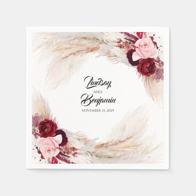 Serviette En Papier Pampas Grass Bourgogne Rouge Floral Mariage (Devant)
