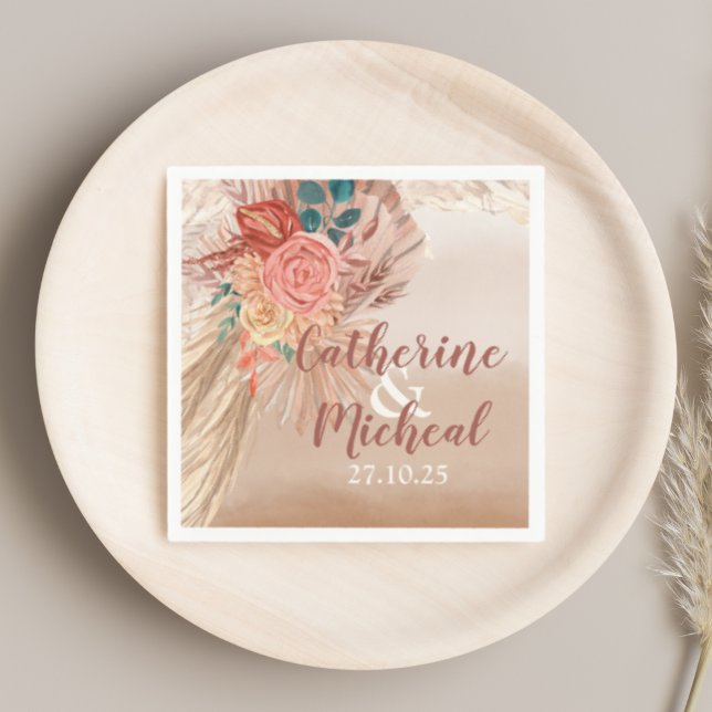 Serviette En Papier Pampas Grass Floral Terracotta Boho Chic Mariage (Créateur téléchargé)