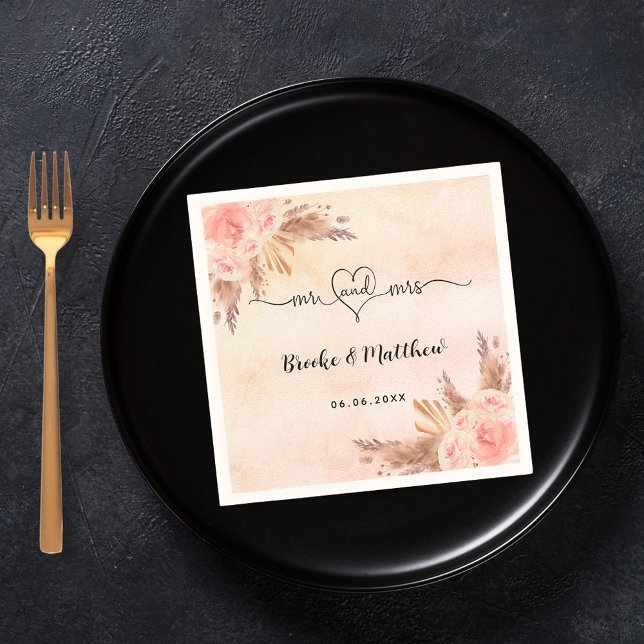 Serviette En Papier Pampas herbes fleurs boho m mrs coeur mariage (Créateur téléchargé)