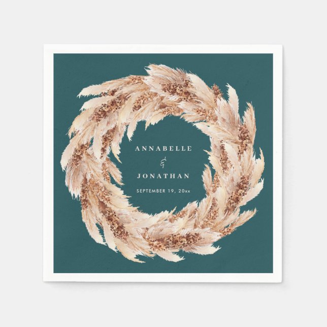 Serviette En Papier Pampas naturel bohème moderne mariage turquoise (Devant)
