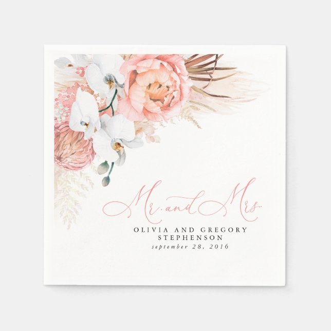 Serviette En Papier Pampas Rose Floral Mariage Grass Napkins (Devant)