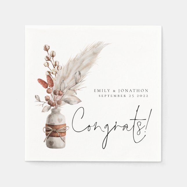 Serviette En Papier Pampas Rustique Grasses Noms Congrats Mariage (Devant)