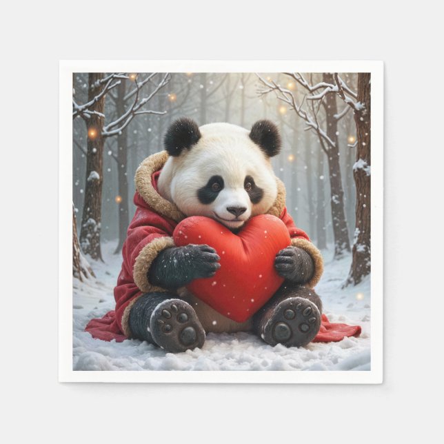 Serviette En Papier Panda Bear frappe un Coussin de coeur rouge (Devant)