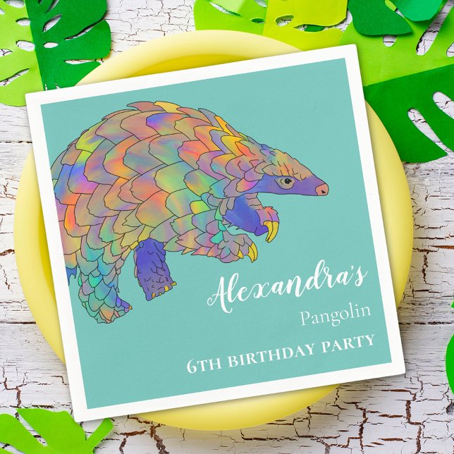 Serviette En Papier Pangolin Colorée fête d'anniversaire (Cute pangolin colorful personalized 6th birthday party paper napkins)