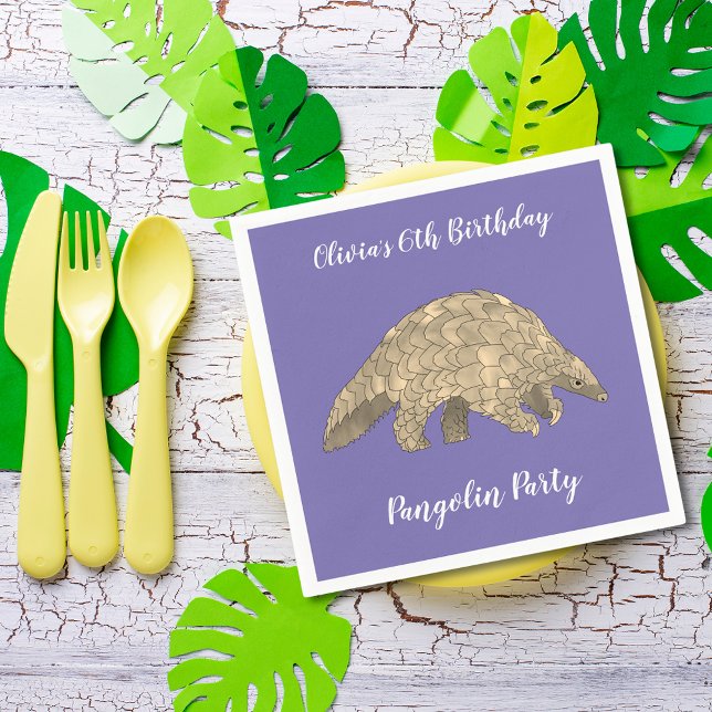 Serviette En Papier Pangolin Party Girls 6th Birthday Purple Ajouter u (Cute pangolin wildlife animal art 6th birthday party custom purple paper napkins )