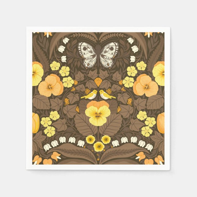 Serviette En Papier Pansies jaunes, oiseaux et papillons (Devant)