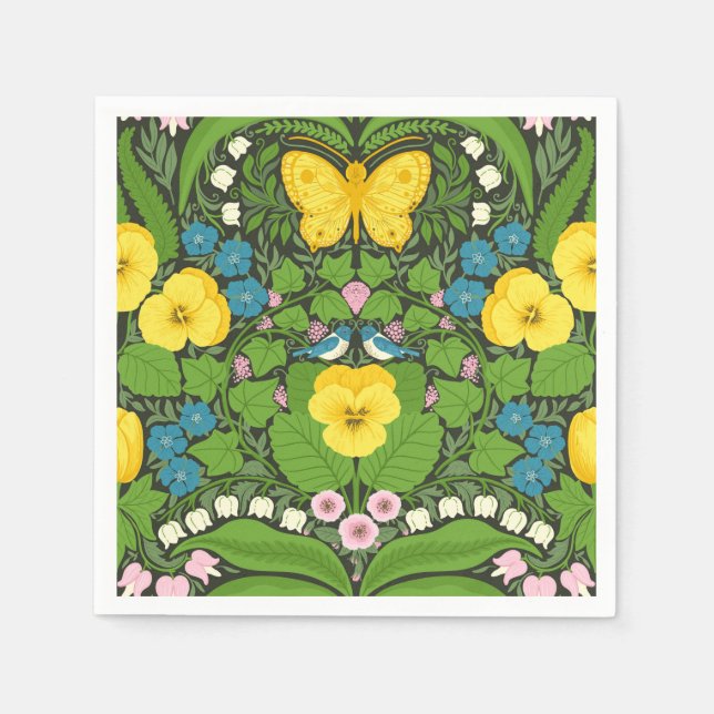 Serviette En Papier Pansies jaunes, oiseaux et papillons (Devant)