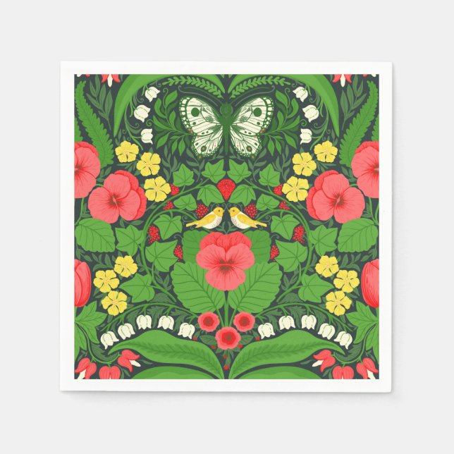 Serviette En Papier Pansies rouges, oiseaux et papillons (Devant)