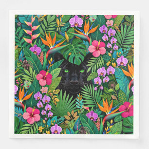 Serviette En Papier Panthère noire Fleurs de jungle et feuillage tropi