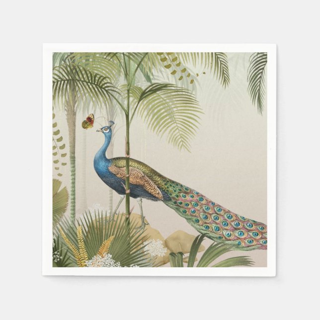 Serviette En Papier Paon tropical avec papillons (Devant)