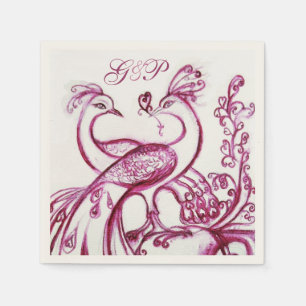 Serviette En Papier PAONS AMOUREUX Mariage Monogramme Violet Blanc