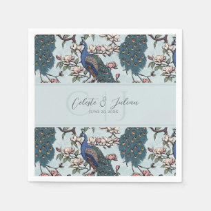 Serviette En Papier Paons Floraux & Magnolia Chinoiserie Bleu