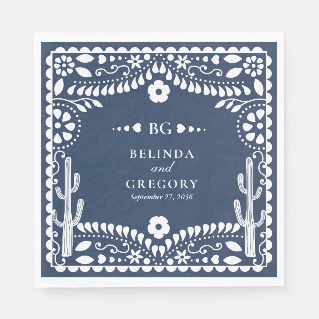 Serviette En Papier Papel Picado Mariage Mexicain Rustique Bleu (Devant)