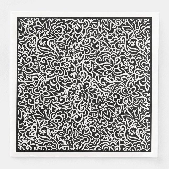 Serviette En Papier Paper Napkins-Black Damask Floral (Devant)