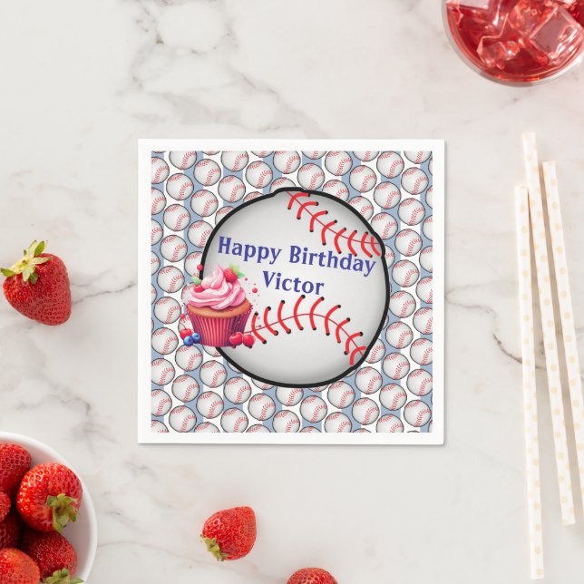 Serviette En Papier Paper Napkins Blue White Stripe Birthday Baseball (En situation)