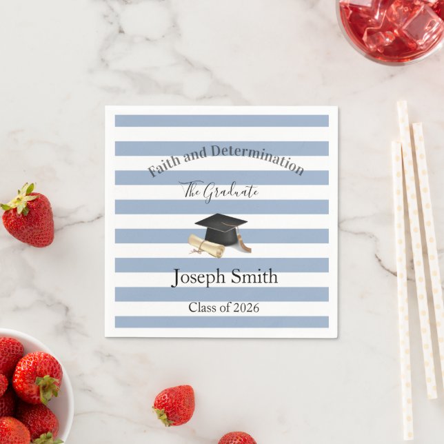 Serviette En Papier Paper Napkins Blue & White Stripe Graduate 2026 (En situation)