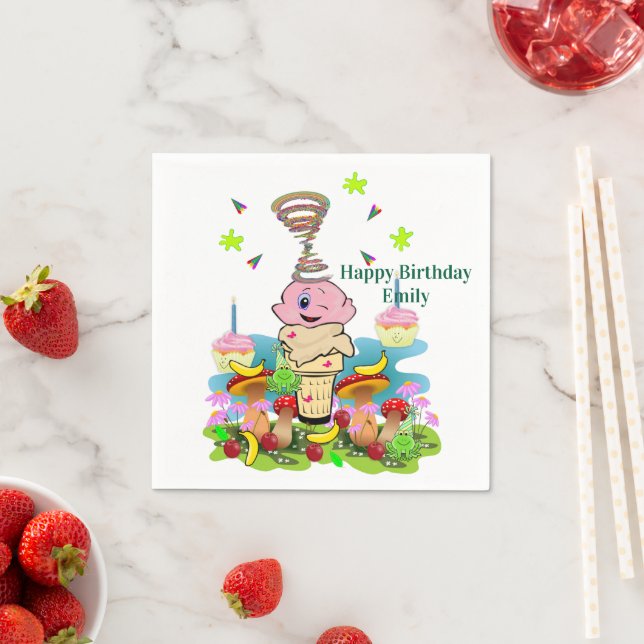 Serviette En Papier Paper Napkins, Happy Birthday Pink Cupcake (En situation)