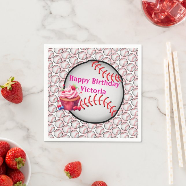 Serviette En Papier Paper Napkins Pink White Stripe Birthday Baseball (En situation)