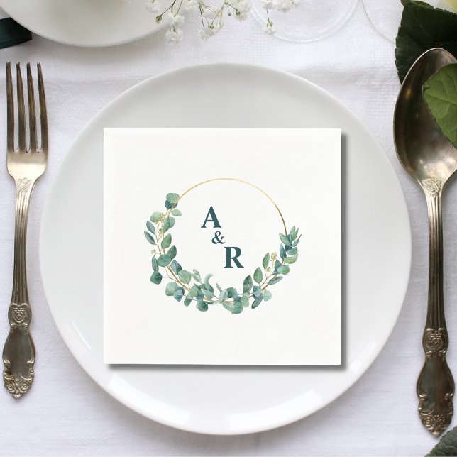 Serviette En Papier Papeterie de mariage à monogramme avec ampersand e (Ampersand monogram greenery initials wedding paper napkins add fresh elegant charm to receptions.)