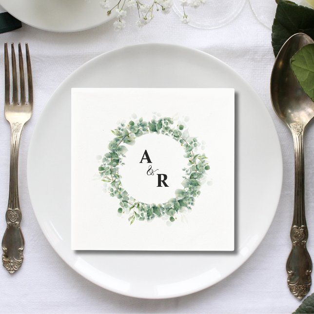 Serviette En Papier Papeterie de mariage à monogramme de verdure minim (Custom minimalist greenery monogram wedding paper napkins add fresh elegant charm to receptions.)
