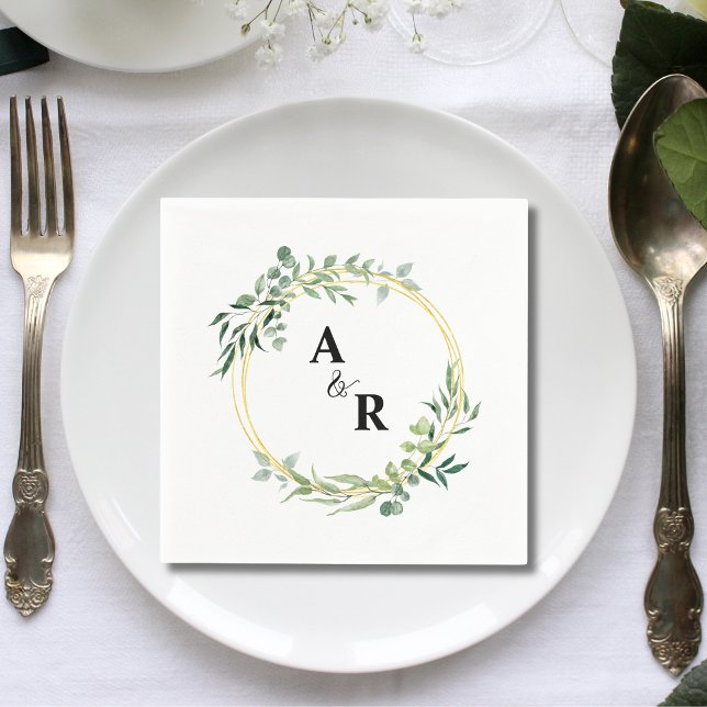 Serviette En Papier Papeterie de mariage à monogramme esperluette verd (Greenery ampersand monogram wedding paper napkins add fresh elegant charm to wedding receptions.)