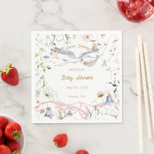 Serviette En Papier Papier Baby shower Fleur sauvage à ruban cigogne
