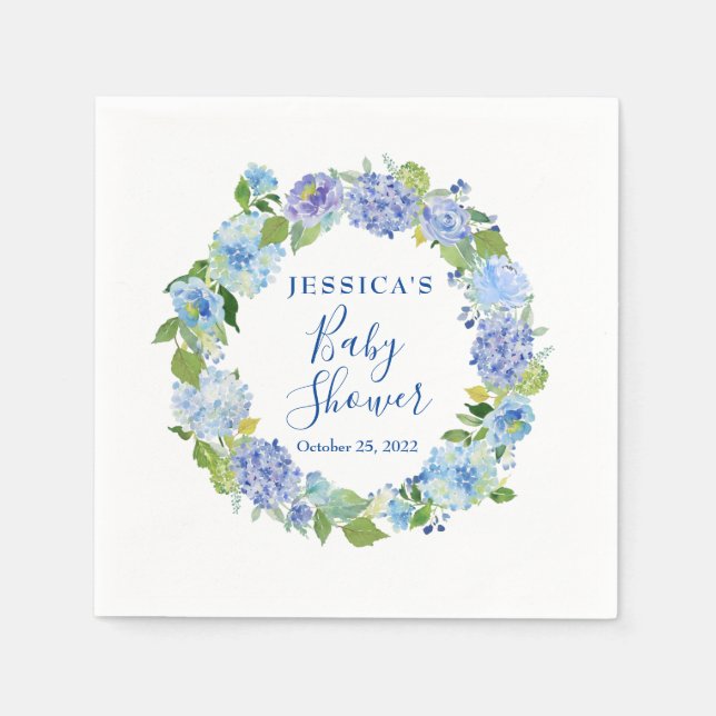 Serviette En Papier Papier Baby shower Floral bleu clair Hydrangea (Devant)
