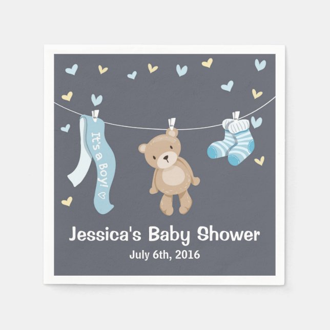Serviette En Papier Papier Baby shower Ours Teddy Napkin Garçon gris b (Devant)