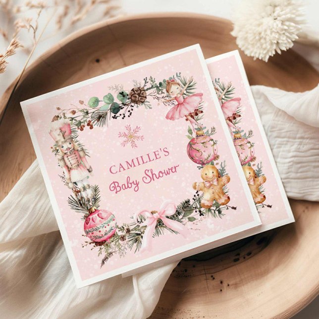 Serviette En Papier Papier Baby shower pour fille de noisette rose (Pink Christmas Nutcracker Baby shower paper napkins)
