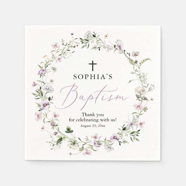 Serviette En Papier Papier Baptême Fleur sauvage violet Napkin (Devant)