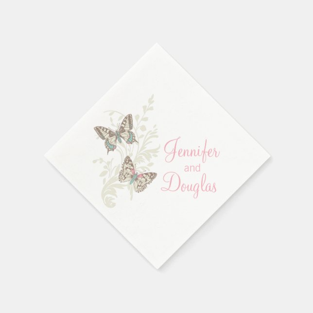 Serviette En Papier Papier blanc rose mariage papillon (Coin)