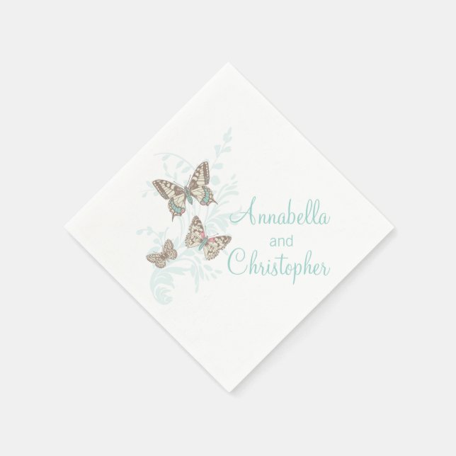Serviette En Papier Papier blanc turquoise mariage 3 papillons à encre (Coin)